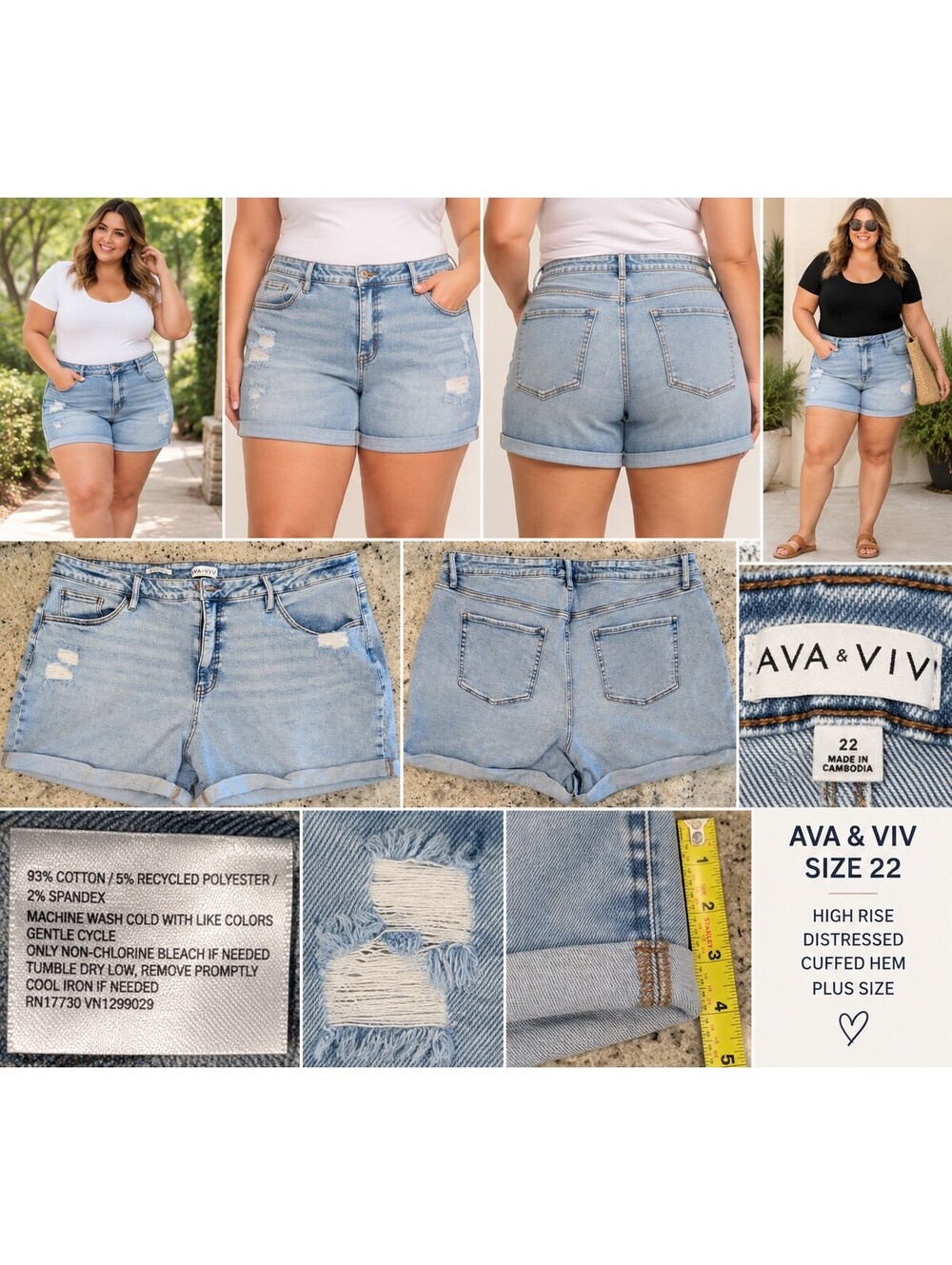Ava & Viv Denim Shorts 22 High Rise Distressed Cuffed Light Wash Plus Size